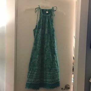 Teal green halter dress lace hem tassel ties